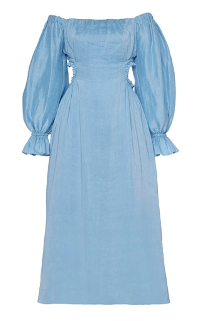 Shop Aje Overture Silk-linen Blend Midi Dress In Blue