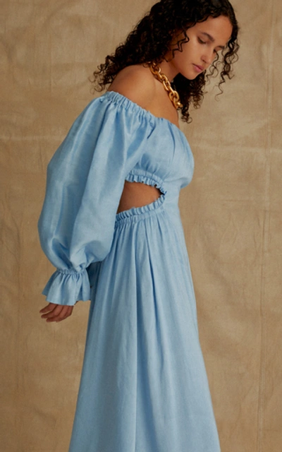 Shop Aje Overture Silk-linen Blend Midi Dress In Blue