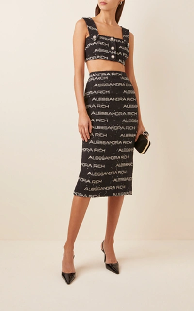 Shop Alessandra Rich Printed Cotton-tweed Midi Skirt In Black