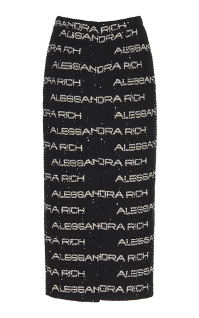 Shop Alessandra Rich Printed Cotton-tweed Midi Skirt In Black