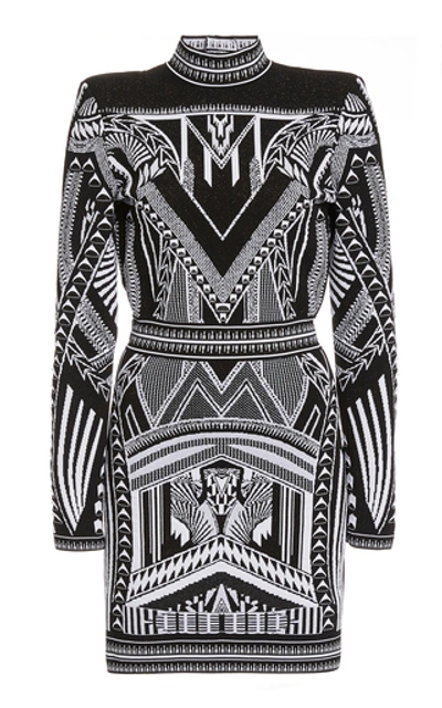 Shop Balmain Embroidered Open-back Mockneck Dress In Black/white