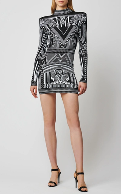 Shop Balmain Embroidered Open-back Mockneck Dress In Black/white