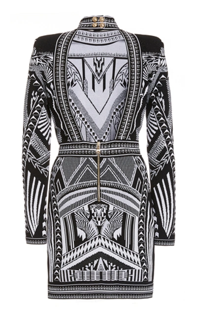 Shop Balmain Embroidered Open-back Mockneck Dress In Black/white