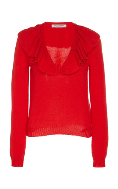 Shop Philosophy Di Lorenzo Serafini Ruffle-accented Cashmere-knit Top In Red