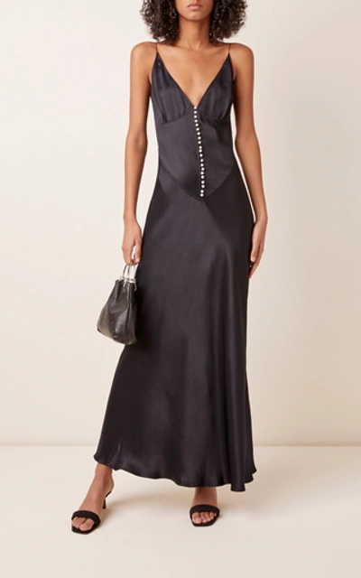 Shop Anna October Claire Button-detailed Satin Maxi Dress In Black