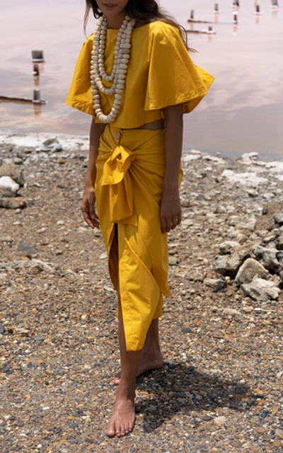 Shop Johanna Ortiz Fresh Lemon Wrap-front Cotton Midi Skirt In Yellow