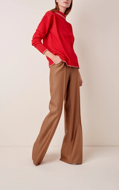 Shop Brandon Maxwell Creased Wool-silk Twill Wide-leg Pants In Brown