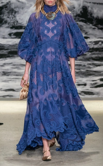 Shop Zimmermann Brightside Embroidered Linen-silk Gown In Blue