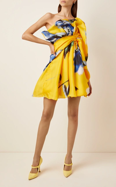 Shop Carolina Herrera Gathered Printed Silk Mini Dress In Floral