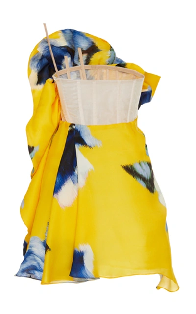 Shop Carolina Herrera Gathered Printed Silk Mini Dress In Floral