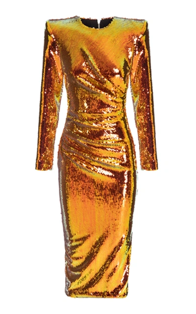 Shop Alex Perry Kelsey Sequin-embellished Ruched Midi Dress In Gold