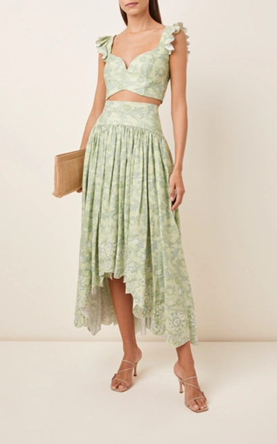 Shop Amur Santana Printed Linen Midi Skirt In Green