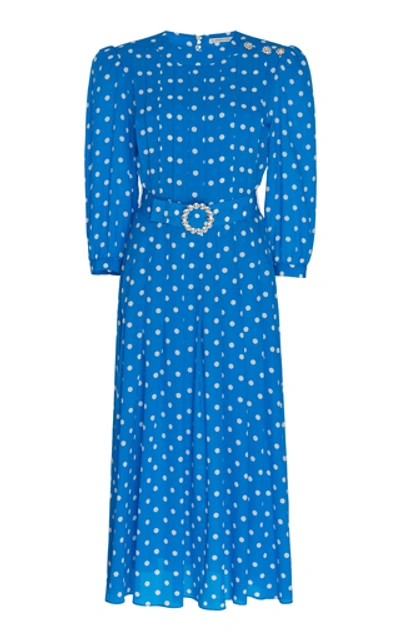 Shop Alessandra Rich Belted Embellished Polka-dot Silk Midi Dress In Blue