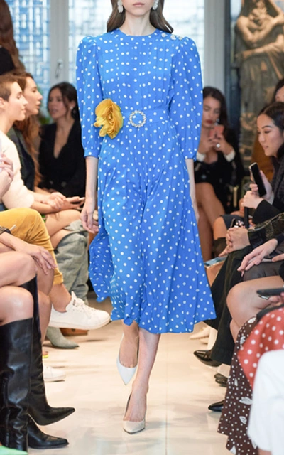 Shop Alessandra Rich Belted Embellished Polka-dot Silk Midi Dress In Blue