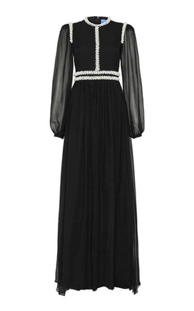 Shop Macgraw Raven Pearl-trim Chiffon Maxi Dress In Black