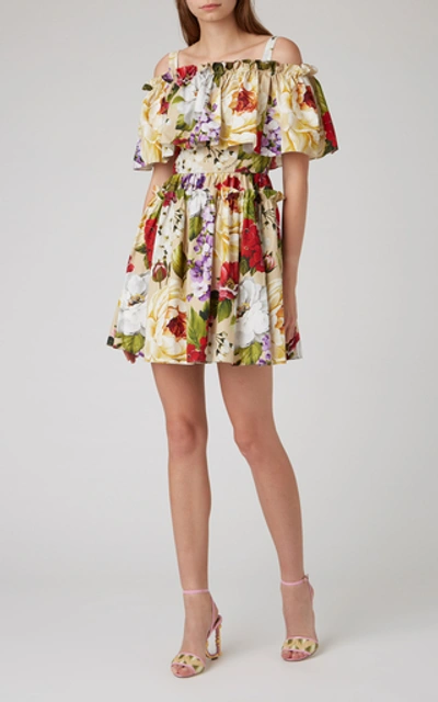 Shop Dolce & Gabbana Off-the-shoulder Floral-print Cotton Mini Dress