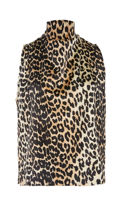 Shop Ganni Leopard-print Stretch Silk-satin Top In Animal