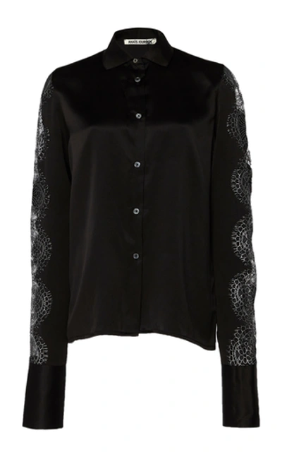 Shop Anais Jourden Lace-trim Silk Satin Button-down Shirt In Black