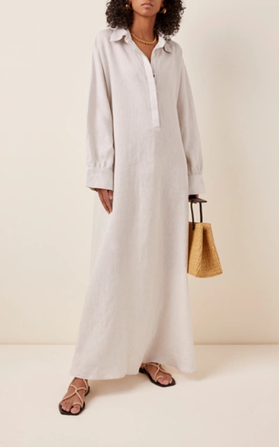 Shop Asceno The Porto Linen Maxi Shirt Dress In Neutral