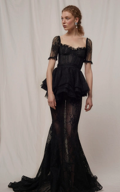 Shop Brock Collection Primula Sheer Tiered Cotton-lace Maxi Skirt In Black