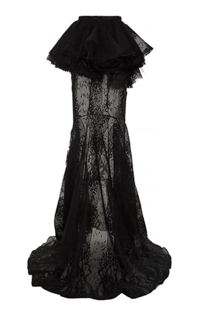 Shop Brock Collection Primula Sheer Tiered Cotton-lace Maxi Skirt In Black