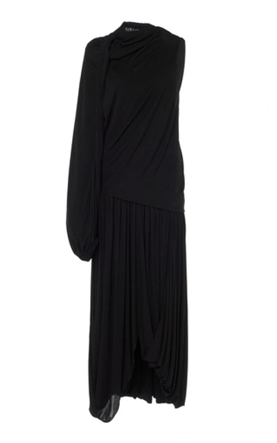 Shop Jw Anderson Single-sleeve Draped Jersey Dress In Black