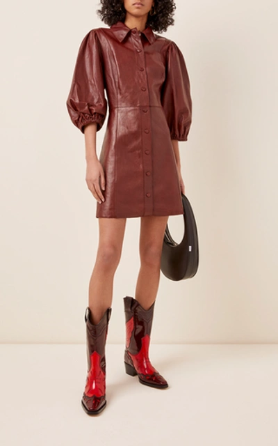 Shop Ganni Leather Mini Dress In Brown