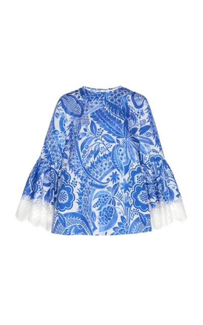 Shop Andrew Gn Printed Embroidered Cotton Top In Blue