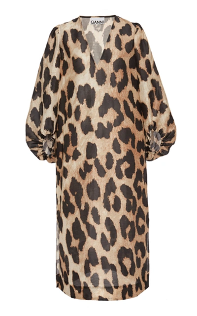 Shop Ganni Leopard-print Linen-silk Blend Midi Dress In Animal