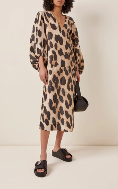 Shop Ganni Leopard-print Linen-silk Blend Midi Dress In Animal