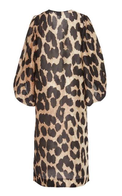 Shop Ganni Leopard-print Linen-silk Blend Midi Dress In Animal