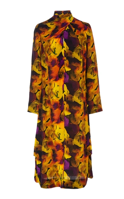 Ganni Tie-neck Printed Crepe De Chine Midi Dress In Multi