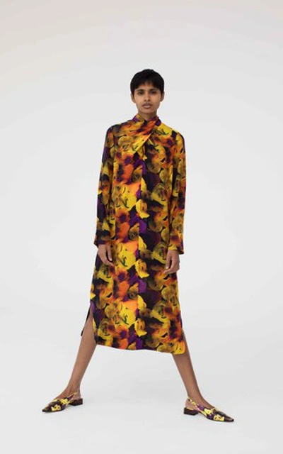 Ganni Tie-neck Printed Crepe De Chine Midi Dress In Multi