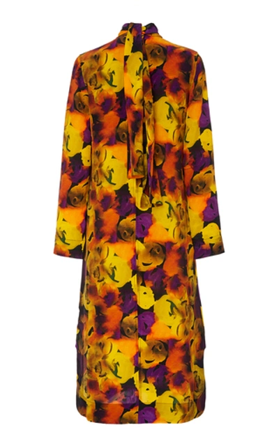 Ganni Tie-neck Printed Crepe De Chine Midi Dress In Multi