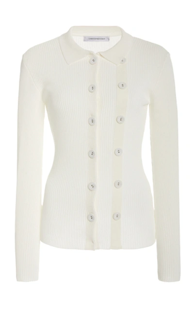 Shop Christopher Esber Buttoned-detailed Ribbed-knit Cardigan In White
