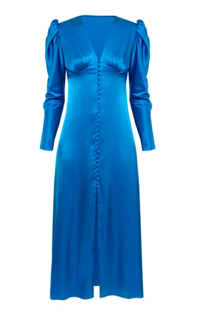 Shop Anna October Friday Afternoon Button-detailed Silk-satin Midi Dress Si In Blue