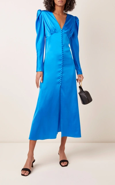 Shop Anna October Friday Afternoon Button-detailed Silk-satin Midi Dress Si In Blue