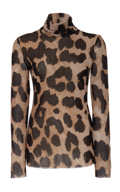 Shop Ganni Leopard-print Mesh Turtleneck Top In Animal