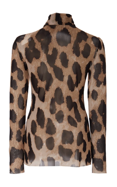 Shop Ganni Leopard-print Mesh Turtleneck Top In Animal
