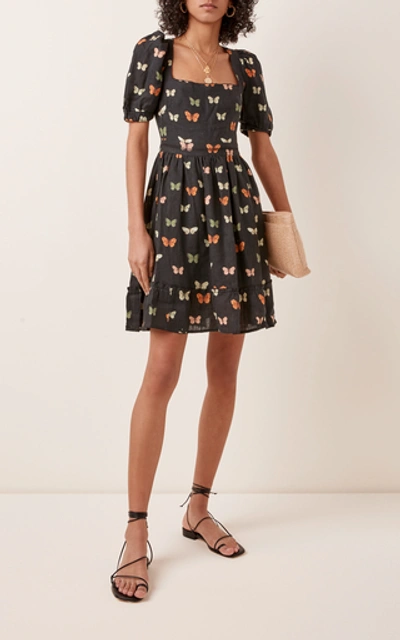 Shop Agua By Agua Bendita Pomelo Mariposario Printed Linen Mini Dress In Black