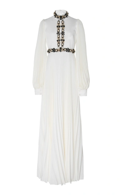 Shop Andrew Gn Embellished Plissé-silk Gown In White