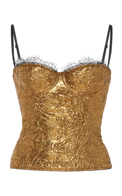 Shop Dundas Metallic Jacquard Lace-trimmed Bustier Top In Gold