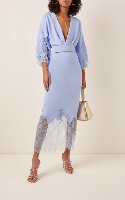 Shop Costarellos Belted Crepe And Chantilly Lace Midi Dress In Blue