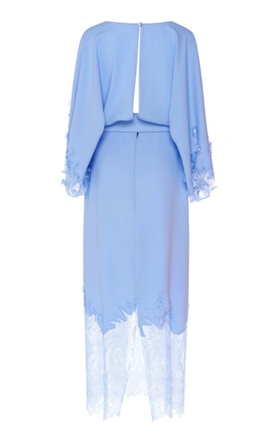 Shop Costarellos Belted Crepe And Chantilly Lace Midi Dress In Blue