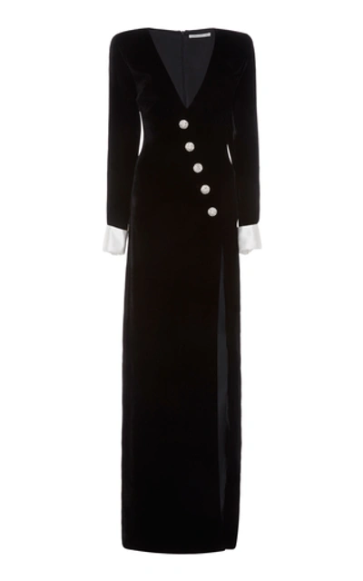 Shop Alessandra Rich Button-embellished Velvet Maxi Dress In Black