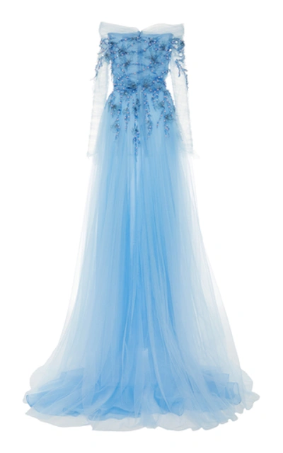 Shop Pamella Roland Cold-shoulder Sequin-embroidered Tulle Dress In Blue