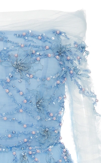 Shop Pamella Roland Cold-shoulder Sequin-embroidered Tulle Dress In Blue