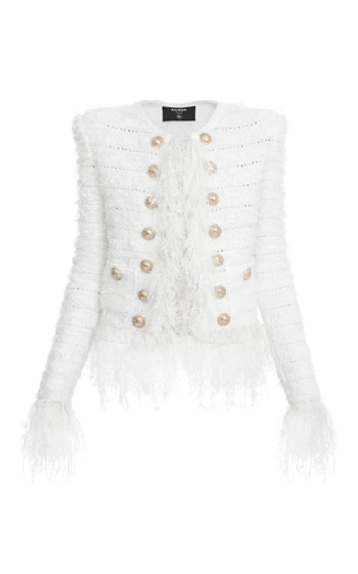 Shop Balmain Sequined Double-breasted Tweed Jacket In White