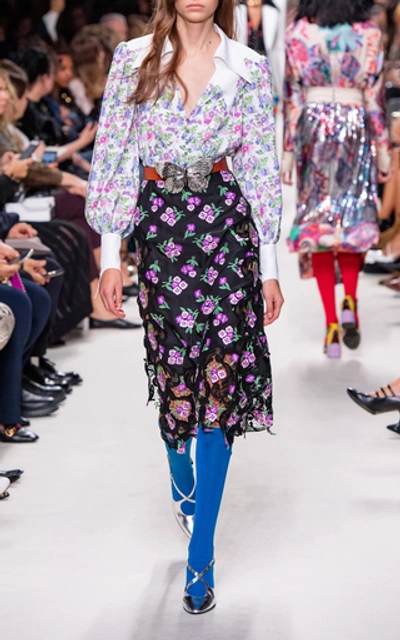 Shop Paco Rabanne Lace-trimmed Floral-appliquéd Crepe Midi Skirt