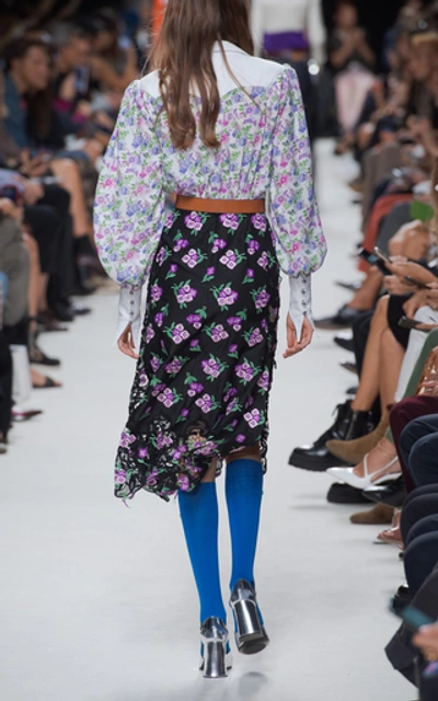 Shop Paco Rabanne Lace-trimmed Floral-appliquéd Crepe Midi Skirt